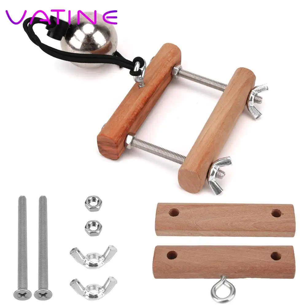 Male Penis Training Wooden Stretcher Metal Ball Scrotum Pendant Ball Penis Rings Clamp Testicle Crusher Male Sex Toys