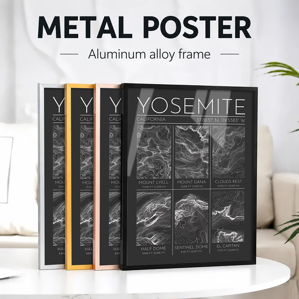 Yosemite Topographic Contour Map Metal Poster With Aluminum Alloy Frame Personalized Photo Travel Style Wall Art For Apartment