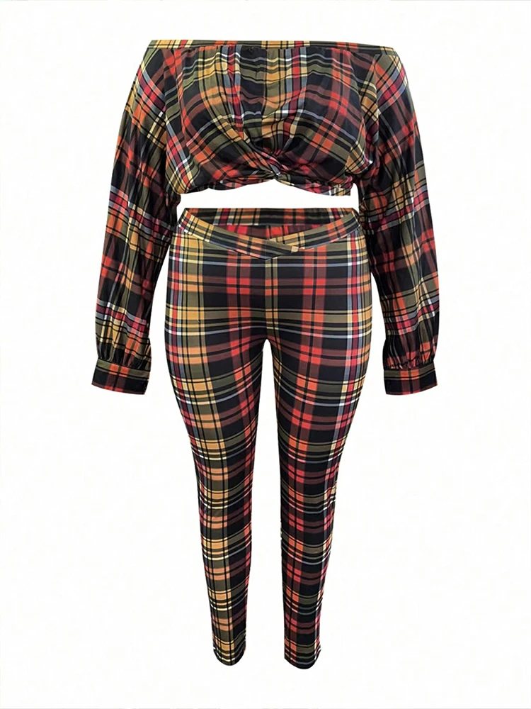 LW Autumn Plus Size Plaid Print Pant Sets Women Elegant Off The Shoulder Crop Top Womens Two Pieces Set  Trouser Suit Femme 2024