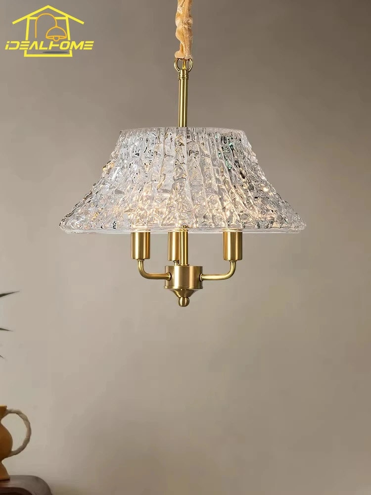 French Luxury Medieval Water Pattern Glass Copper Pendant Lights LED E14 American Retro Hanging Lamp Restaurant Bar Entrance Bar