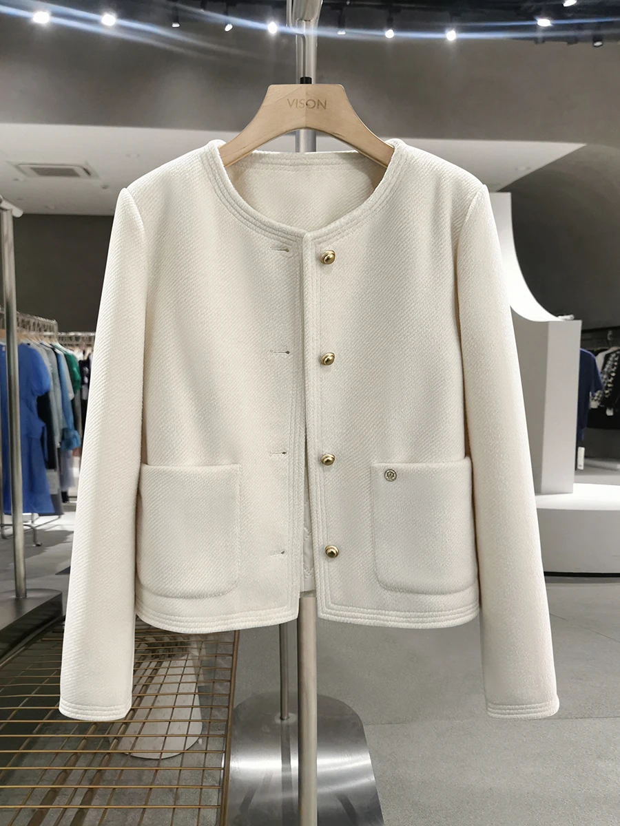 

Бежевое шерстяное пальто с хлопковой подкладкой для женщин, новая коллекция осень-зима 2025, элегантное, на пуговицах, с длинными рукавами, круглый вырез горловины.