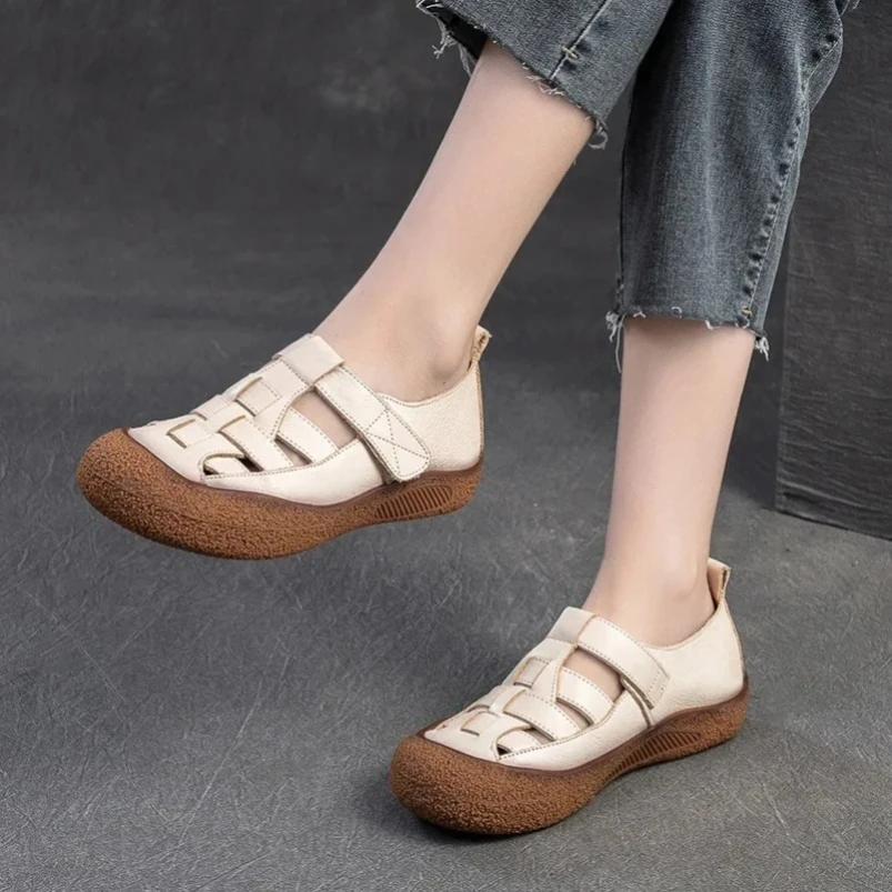 

2025 Fashion Summer Shoes Women Flat Loafers Handmade Woven Hollow Out Breathable Comfort Soft Genuine Leather Leisure Shoes