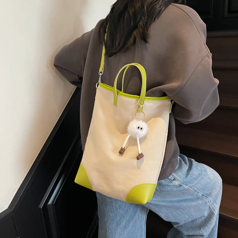 Custom Logo Canvas & PU Tote Bag, Multi-purpose Crossbody Shoulder Bag, Large Capacity Commuter Handbag with Detachable Strap view 2
