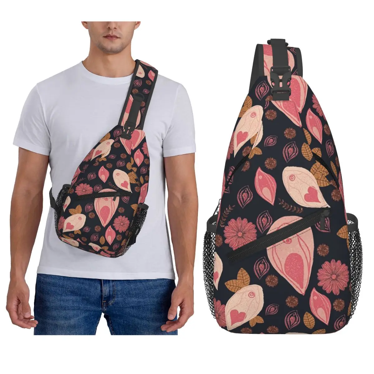 Vulva Flower Pattern Chest Bag Men Sling Crossbody Backpack Chest Bag Traveling Hiking Daypack Shoulder Bag