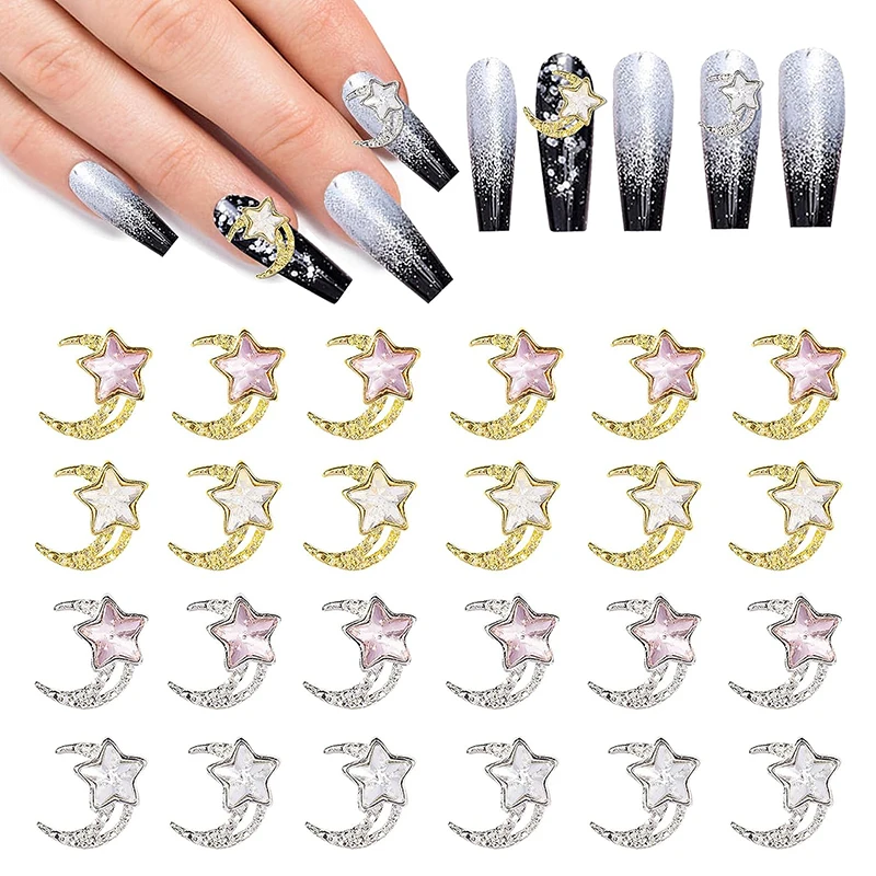 

10Pcs Pentagrams Star Moon Nail Charms With Rhinestones Gold Silver Nail Parts Gems DIY Nail Art Decorations Accessories Stone