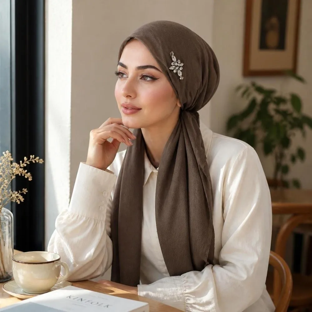 Prayer Cotton Linen Rhinestone Hijab Hat Skin-friendly Elasticity Solid Color Headscarf Breathable Soft Head Wrap Cap Eid
