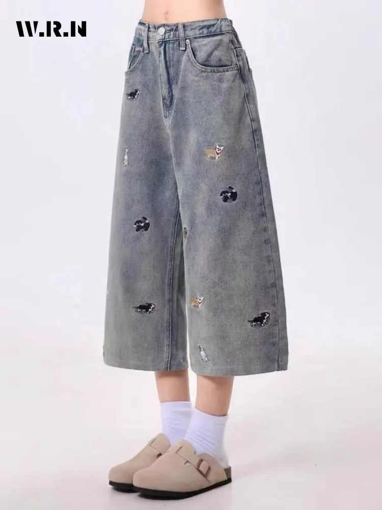 Pantalones vaqueros informales con apliques de dibujos animados para mujer, pantalones vaqueros holgados Harajuku Emo, longitud hasta la pantorrilla sólida de verano 2025, pantalones azules Y2K 2000s