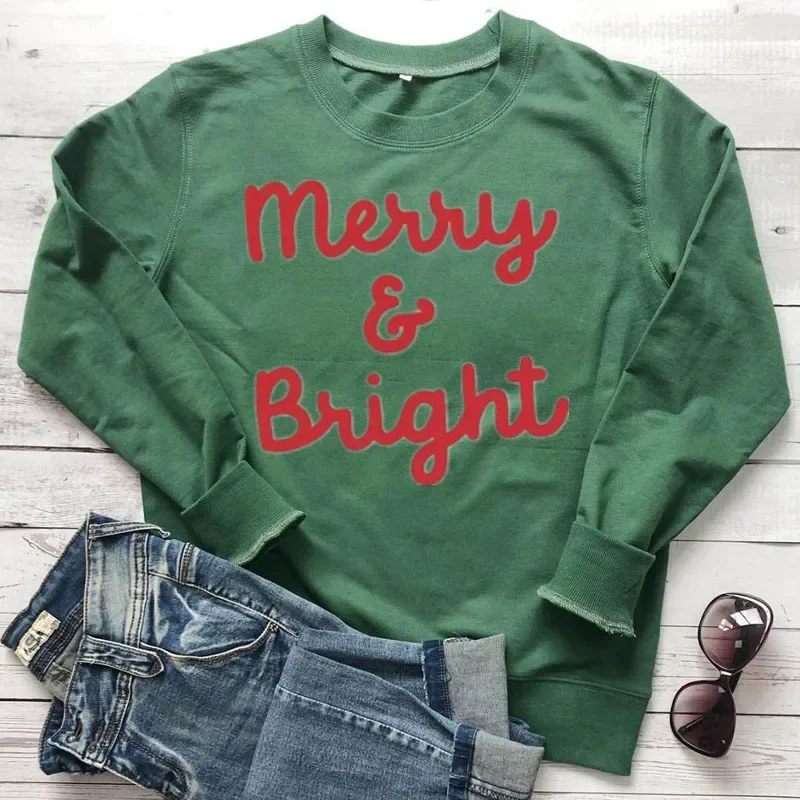 Merry and Bright  Christmas Ski Sweater Holiday harajuku Sweater Winter Sweatshirt 100% cotton Unisex kawaii y2k Drop shipping