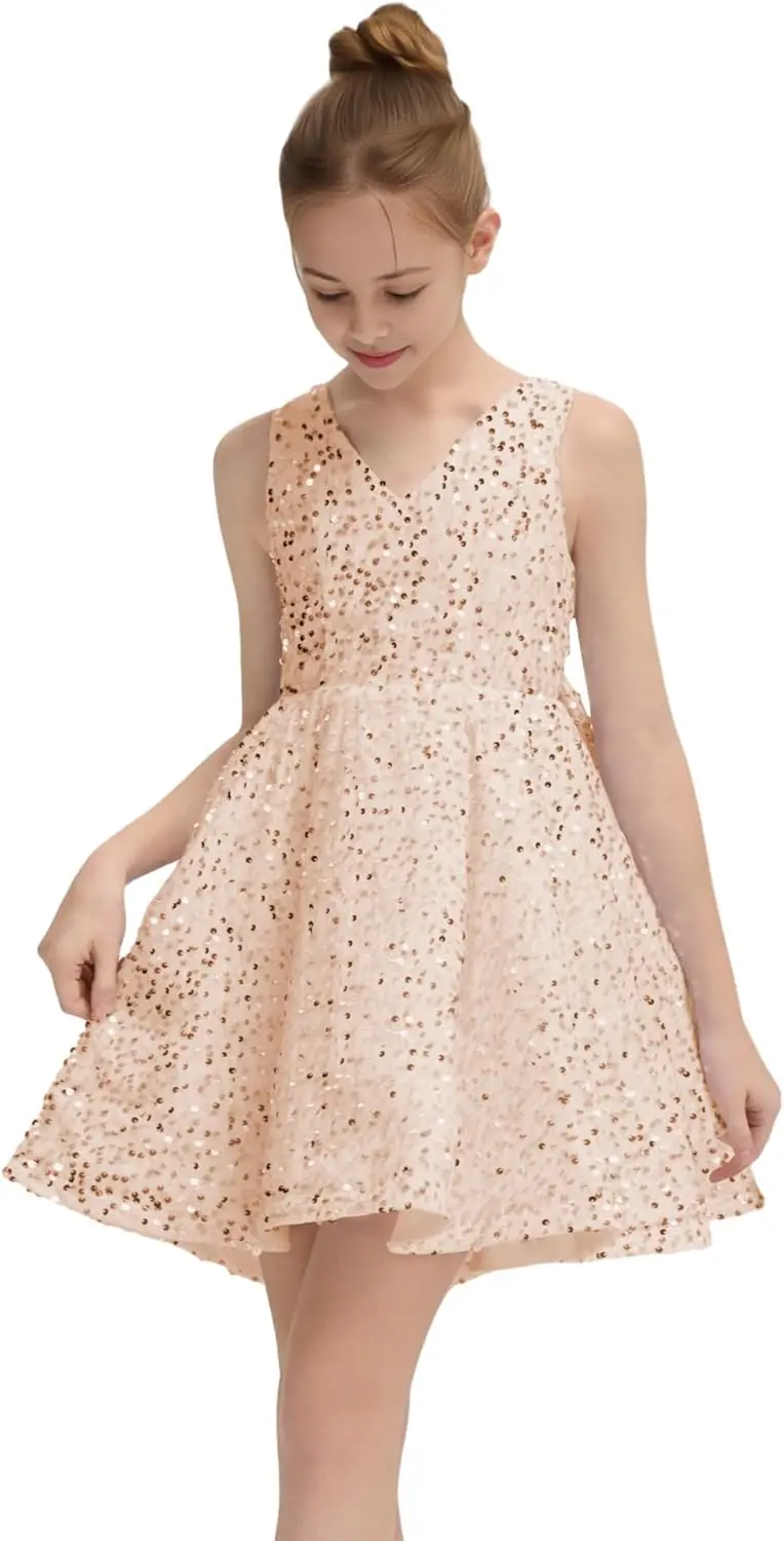 Vestido de niña de las flores con lentejuelas para boda, sin mangas, para fiesta, con lazo, bonito vestido midi de primera comunión, vestidos de noche