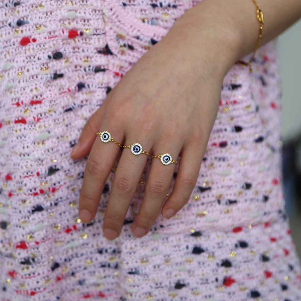 Round disco bluel enamel turkish evil eye charm chain ring cheap wholesale fashion finger rings