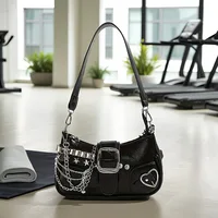 Y2k Bolso de hombro de estilo coreano para mujer con correa de cadena desmontable Cremallera con detalles de estrellas, bolso cruzado de PU, bolso de viaje versátil