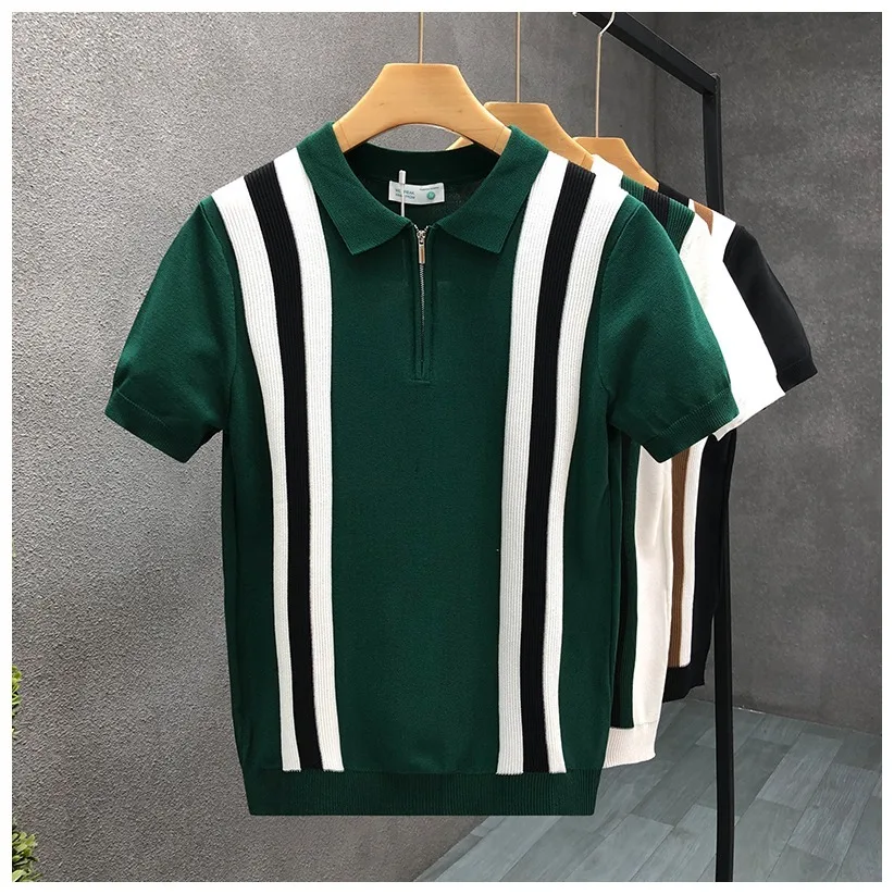 Slim Fit Short Sleeve  Shirt Men's Summer Business Casual Striped T-Shirt Breathable Polyester Fiber Micro Stretch