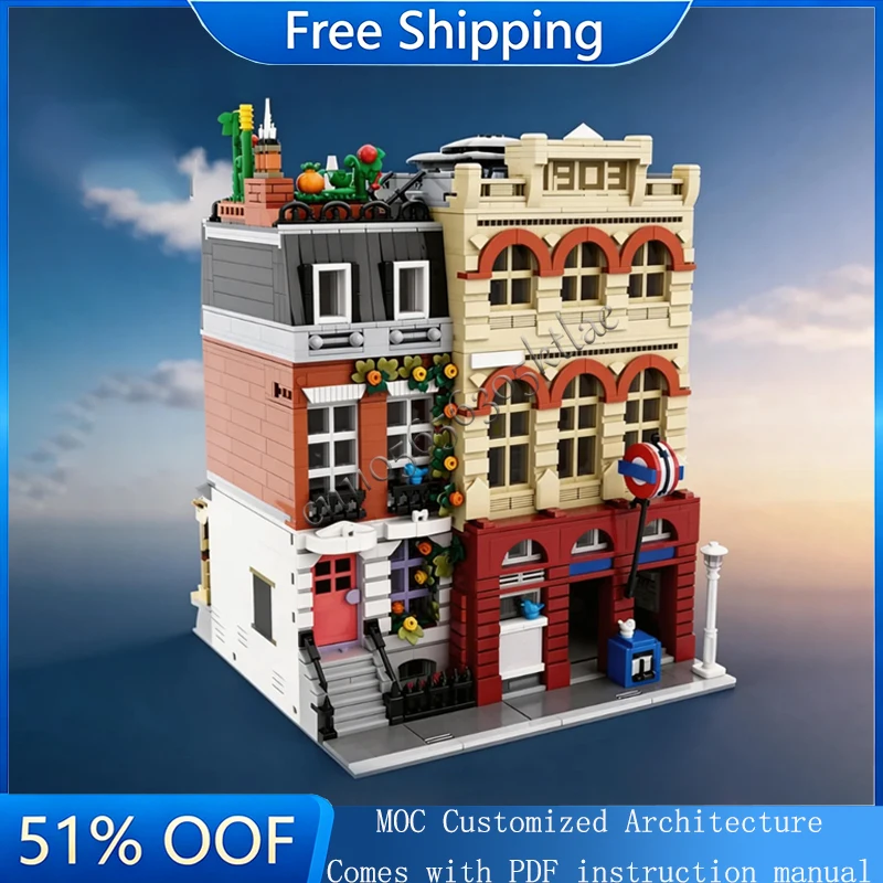 

4128 PCS MOC City Street Views Modular Newspaper Kiosk Printing Factory Townhouse Building Block Diy Assembly Toys Birthday Gift