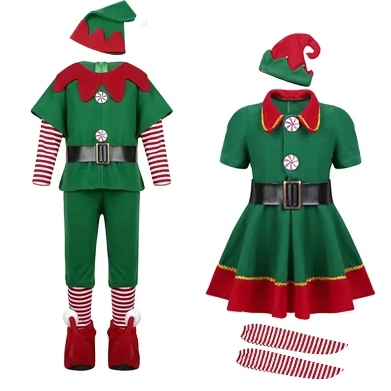 

NewChristmas Santa Claus Costume Green Elf Cosplay Family Carnival Party Halloween Fancy Dress Clothes Set For Men Women Girls B