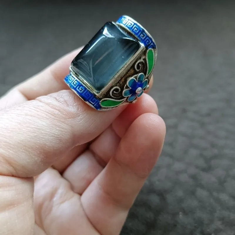 Vintage Tibetan Old Silver Inlaid Color Changing Stone Ring, Antique Collectible Cloisonne Adjustable Ring