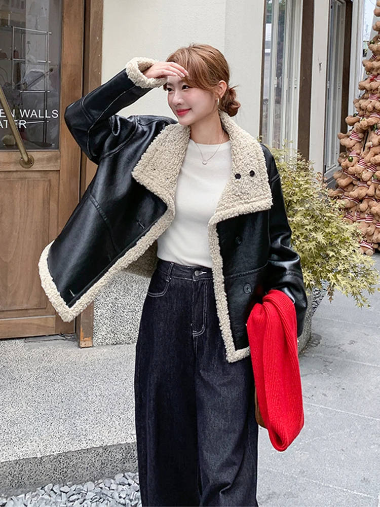 Ladies Thiened Double-Sided Wear Lamb Fur Coat Warm Commute Sle Stand Version Long Sve Button Closure No Hat