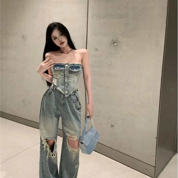 

Faionable Spicy Girl Slim Fit топ без рукавов и дистанционные джинсы, комплект из двух предметов для женщин, лето 202, Новое поступление Ele Sle