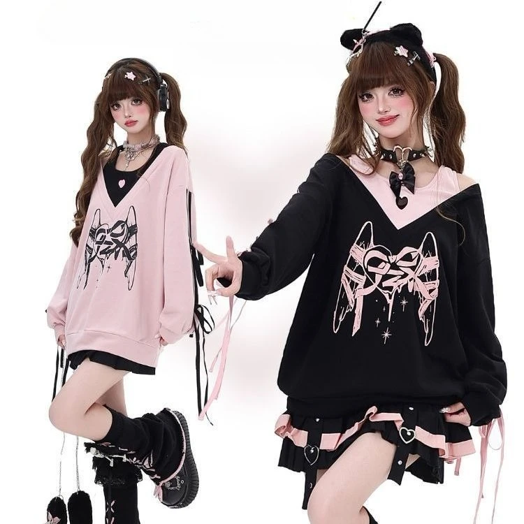 Frauen Süße Heiße Mädchen Cut Out Patchwork Gefälschte Zwei Stück Sweatshirt Herbst Adrette Y2k Harajuku Mode Off Schulter Tops Neue