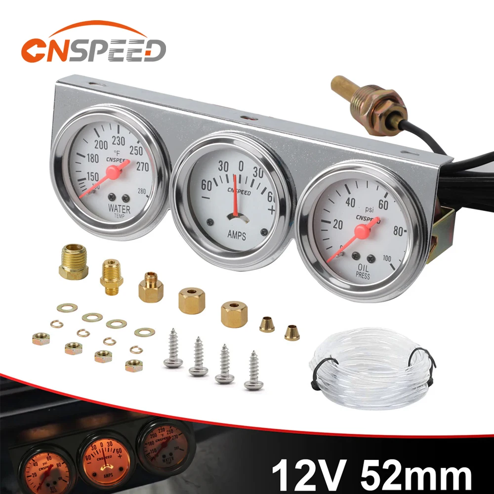 

CNSPEED 2inch Chrome Panel Oil Pressure gauge Water Temp gauge Amp Meter Triple Gauge kit Set White Face Car meter