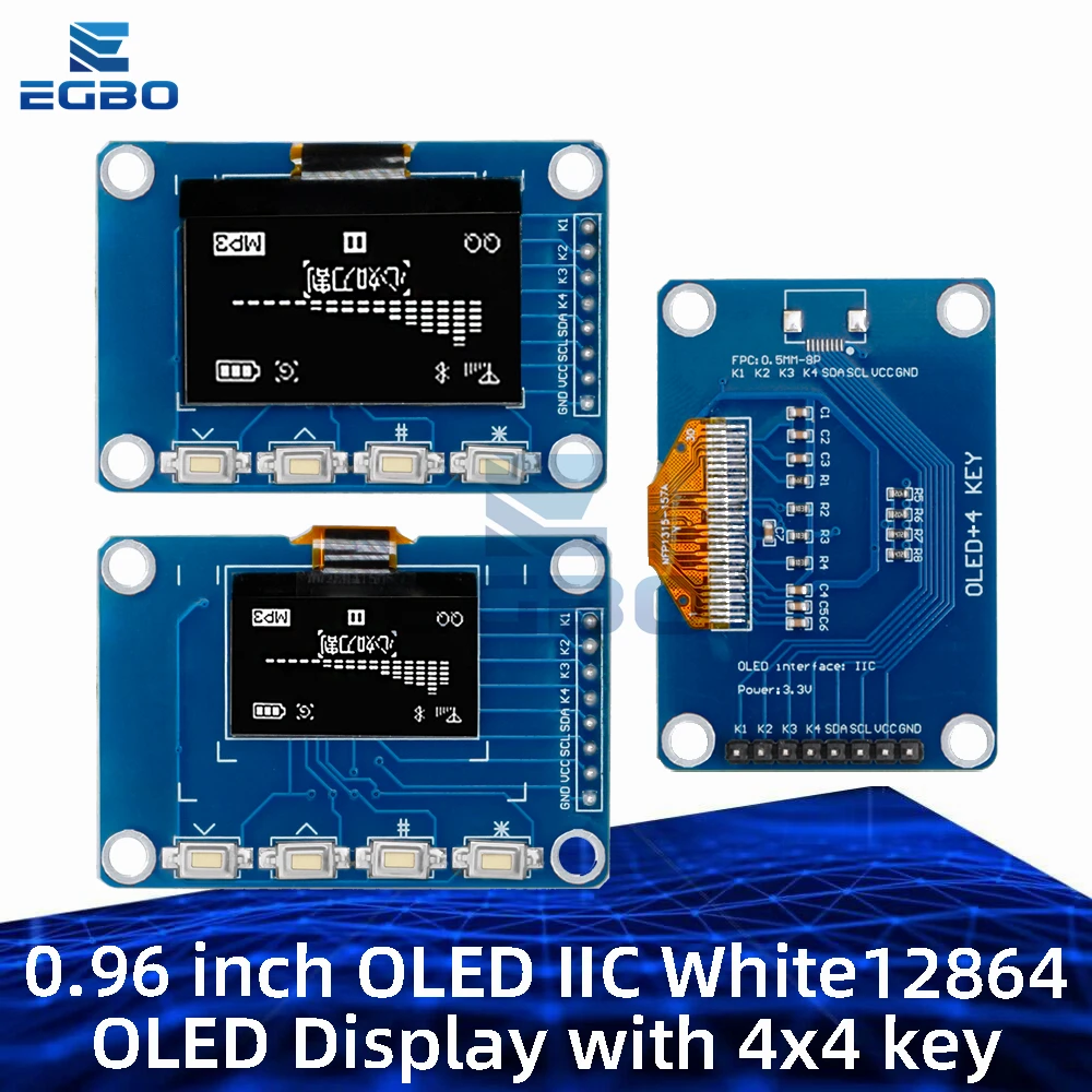 0.96-inch/1.3-inch IIC White OLED Display Module-128x64 Resolution, 4x4 Keypad, SSD1315/SH1106 Driver, Supports I2C Interface