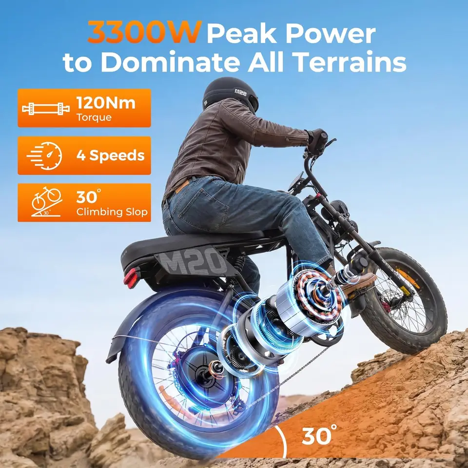 M20 3.0 3300W Off-Road Electric Bike—Cruise Control, Speed 40MPH, 60V 40Ah Battery 2h Fast Charging, 180Mile Range, 120Nm image 4