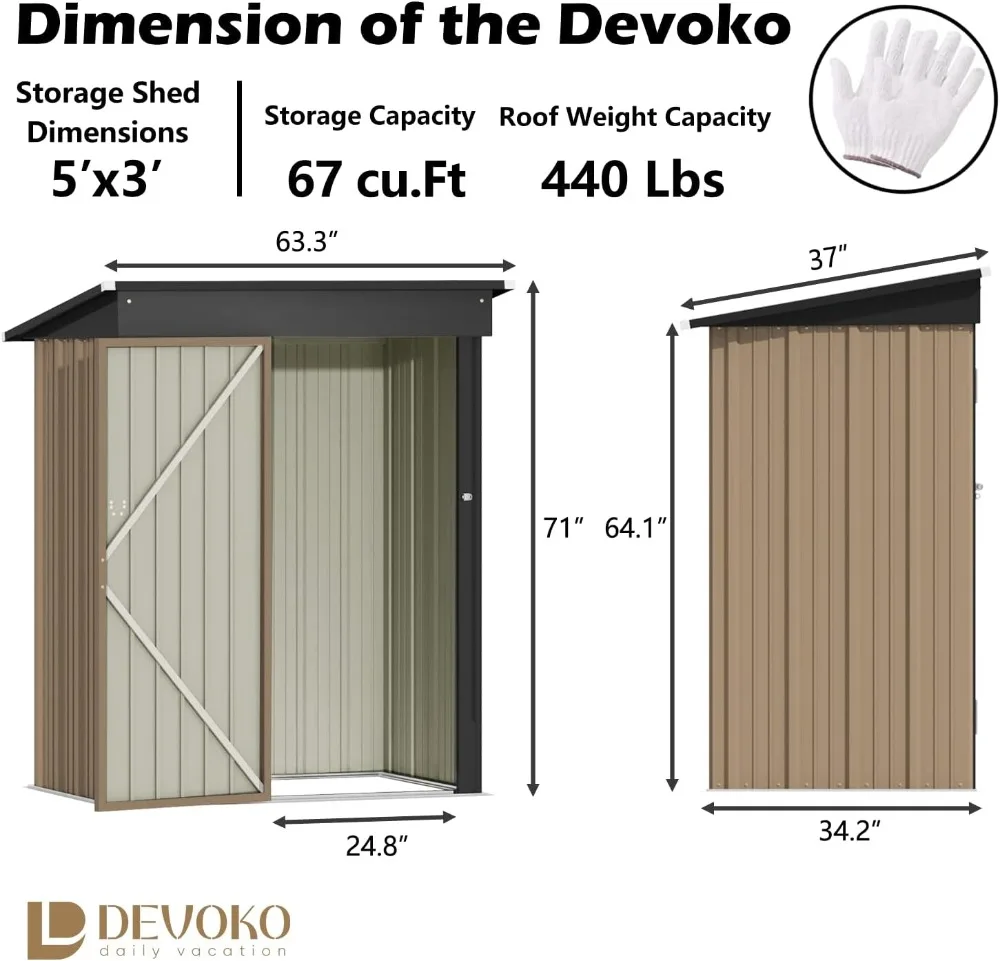 Devoko Zewnętrzna szopa do przechowywania 5 x 3 FT Zamykana metalowa szopa ogrodowa Stalowa antykorozyjna donica do przechowywania z pojedynczymi zamykanymi drzwiami do