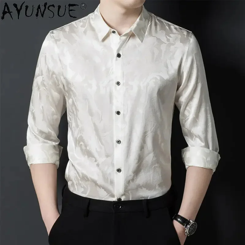 

92.5% Mulberry Silk Shirt for Men Long Sleeve Spring Autumn Tops Male Satin Casual Thin 's Clothing Chemise Homme