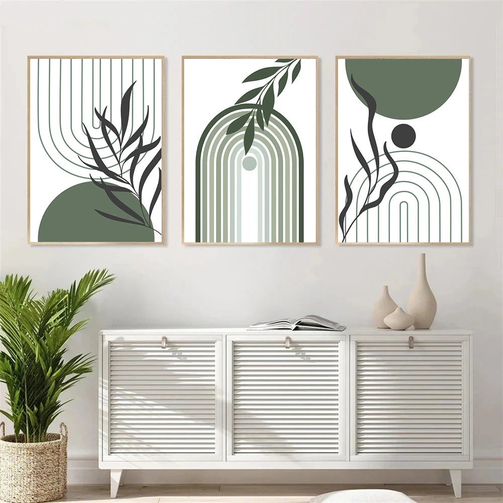 

Boho Green Geometry Rainbow Leaves Poster Canvas Painting Abstract Line Wall Art Print Modern Picture Living Room Interior Decor