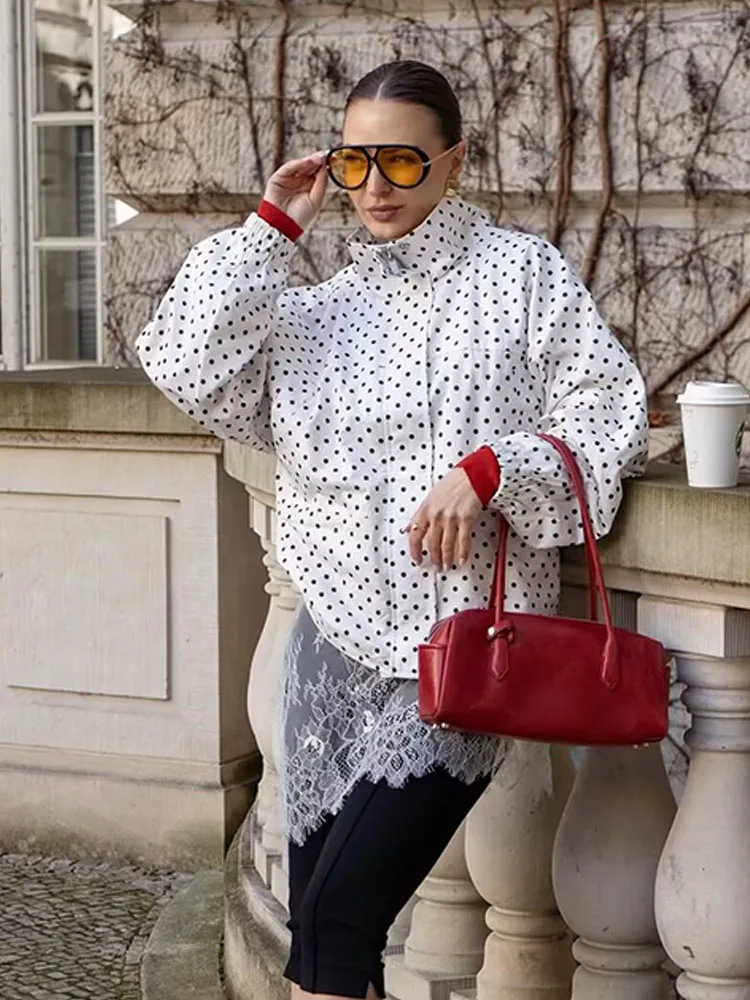 

Женская куртка HH New Fashion в горошек с завязками на талии, длинными рукавами, высоким воротником, молнией и карманами, легкая верхняя одежда
