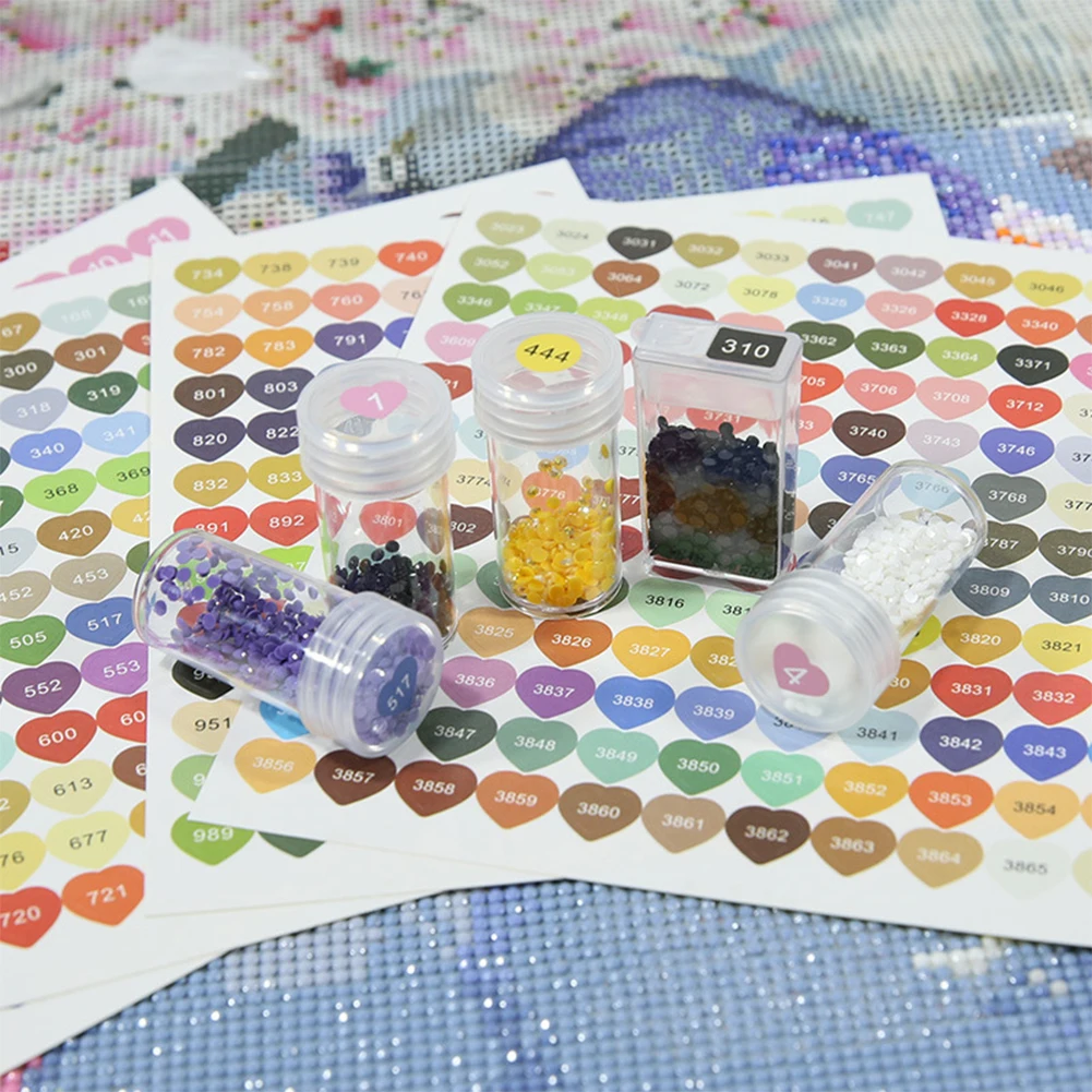 1 Set Color Number Stickers Diamond Painting Accessories Tools DMC Containers Jars Bottles Stickers Heart-shaped for Adults Kids