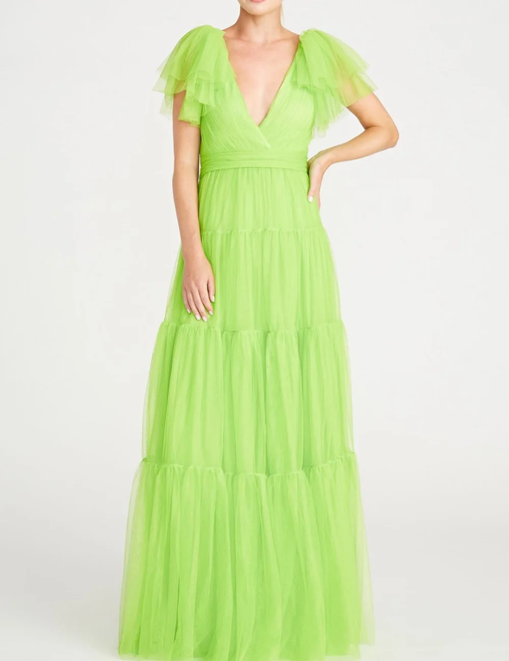 Customized Green Matching High Quality Tulle Pleat Ruched Draped A-line V-neck Long Dresses Evening Dresses For Wedding Party