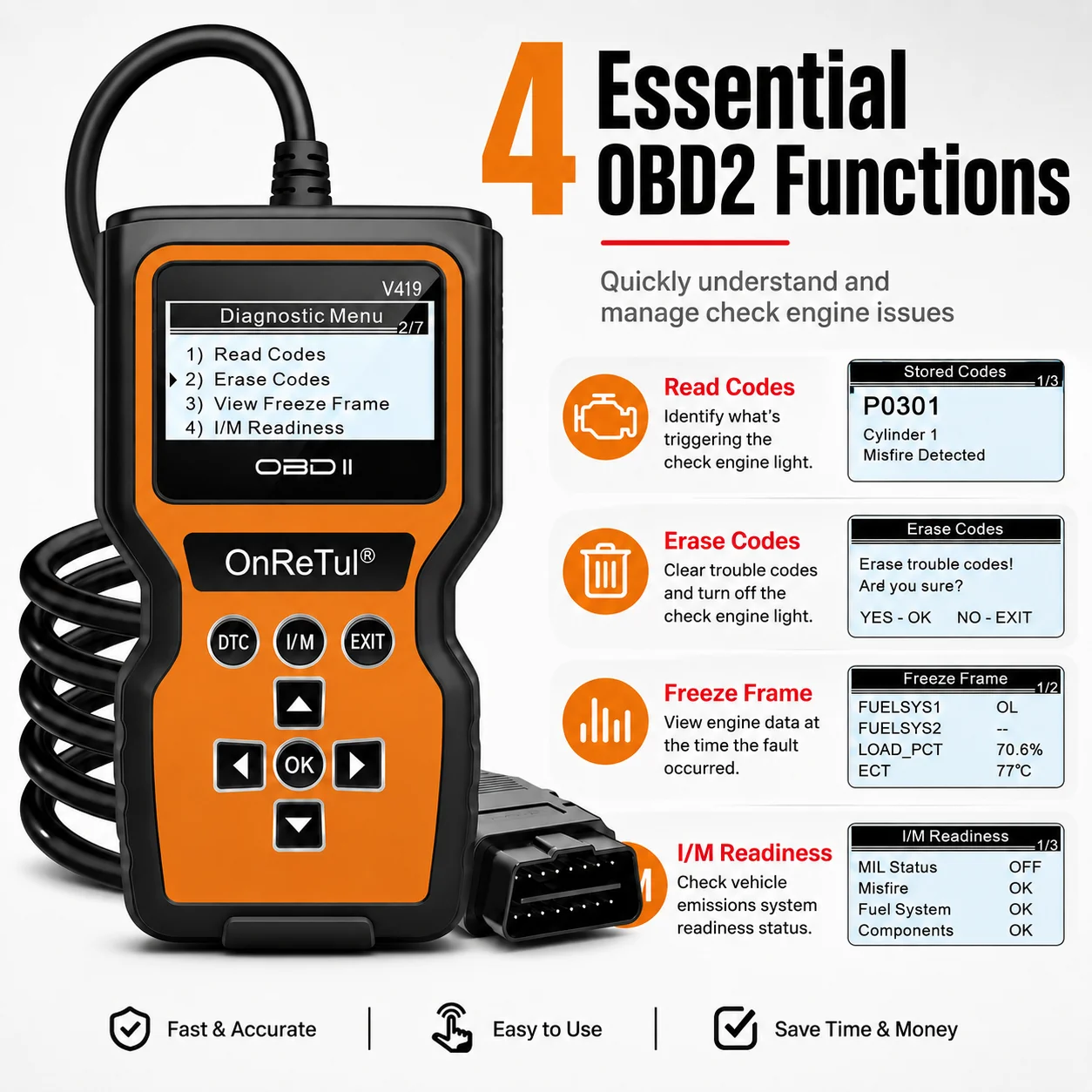 V419 Obdii Engine Code Reader, Automotive Fault Code Scanner, Vehicle Diagnostic Test Tool for Car Maintenance and Engine Troubleshooting