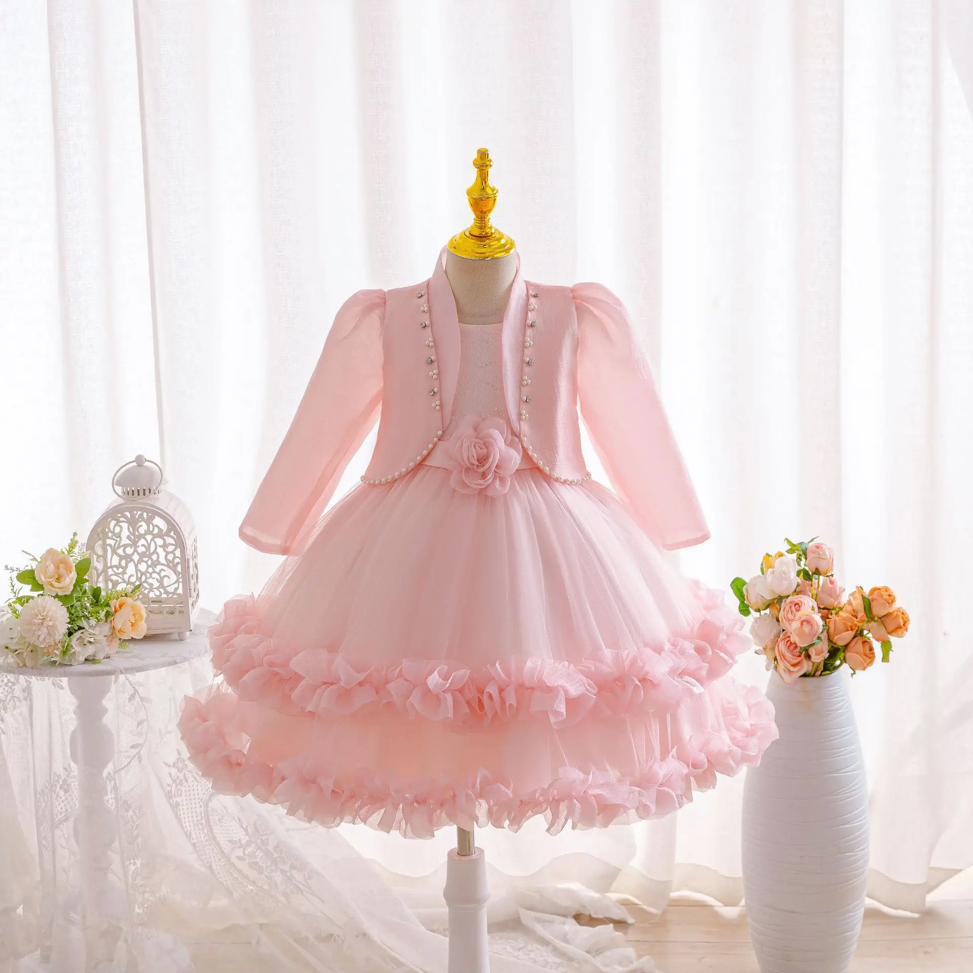 HETISO Girls Princes Dresses 2 Pcs Set With Bag Kids Beading Party Gown Long Sleeve Layered Children's Clothes