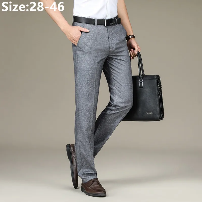 Suit Pants Men Summer Thin Loose Formal Business Elastic Middle Age Straight Dad Gift Stretched Plus Size 42 44 46 Gray Trousers