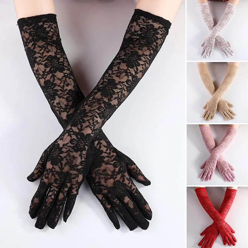 

Summer Elegant Women Long Driving Gloves White Black sunscreen Gloves sexy Anti-UV Elasticity Lace Mesh Gloves Arm Warmer