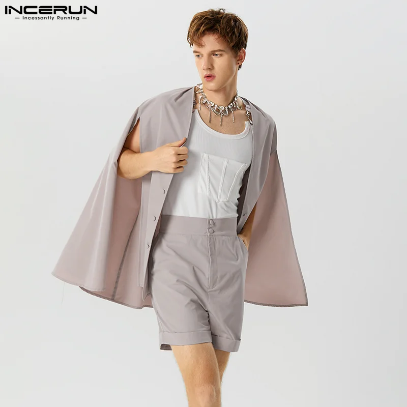 INCERUN 2024 Men Sets Solid V Neck Long Sleeve Hollow Out Irregular Cloak & Shorts 2PCS Streetwear Fashion Men's Casual Suits