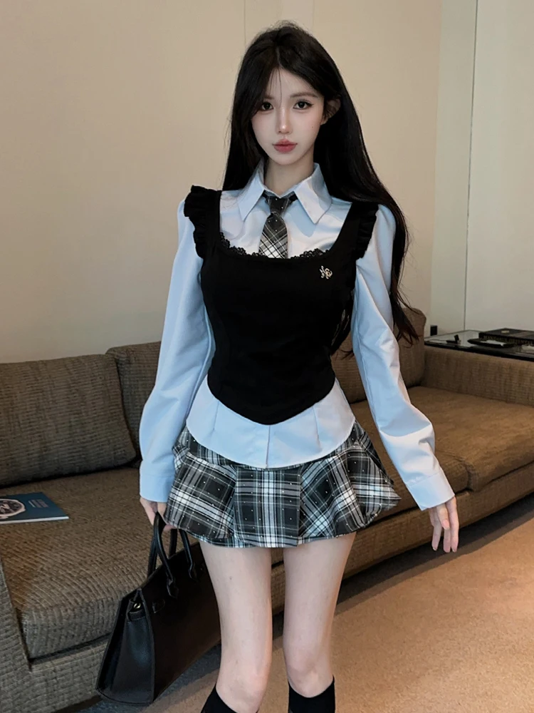 High Waist Slim Fit JK Uniform Set Knitted Vest Long Sleeve Collared Shirt Tie Short Skirt Breathable Polyester Fabric Office...
