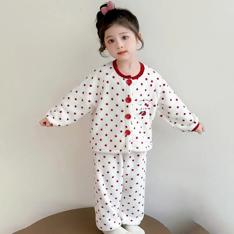 

Зимние пижамы Sanrio Hello Kitty, комплект из двух предметов, детские утепленные топы, брюки для девочек, сохраняющие тепло, каваи, аниме, мультфильм, новая повседневная домашняя одежда