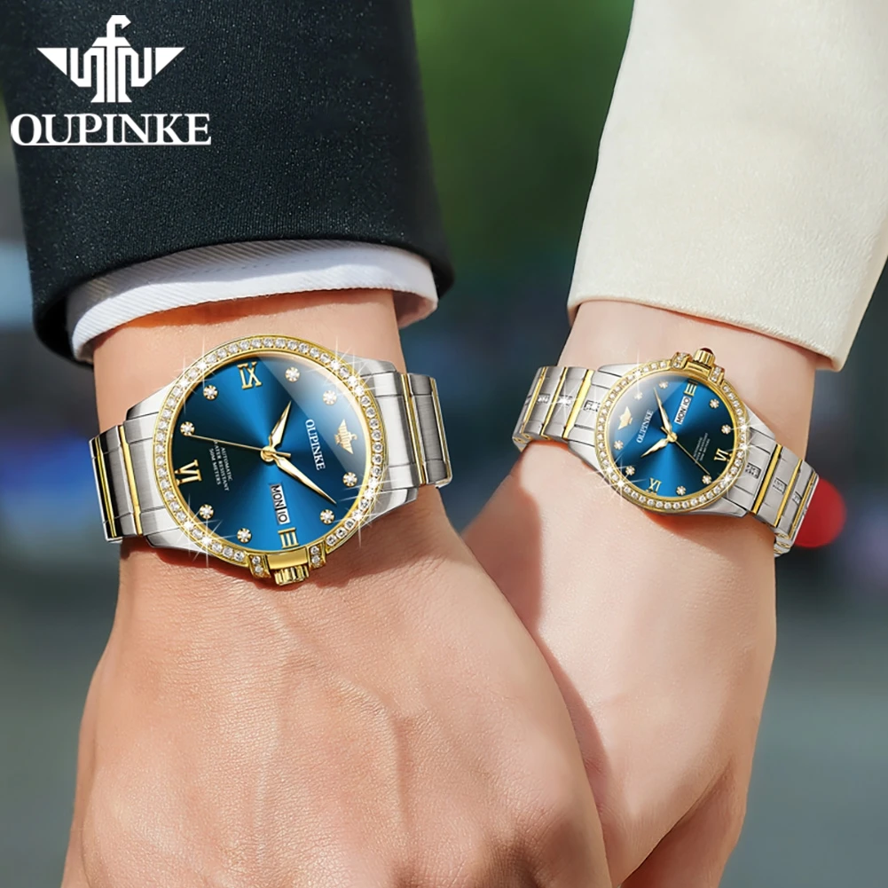 OUPINKE Coppia orologi Top Brand di lusso Moda Orologio da polso meccanico automatico originale Acciaio pregiato Specchio zaffiro impermeabile