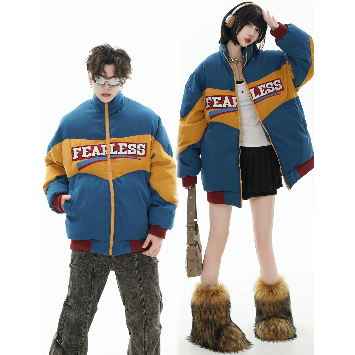 American Retro Jacket Men Patchwork Color Contrast Letter Embroidery Bread Coat Warm Thick Versatile Hip-hop Couple Cotton Top