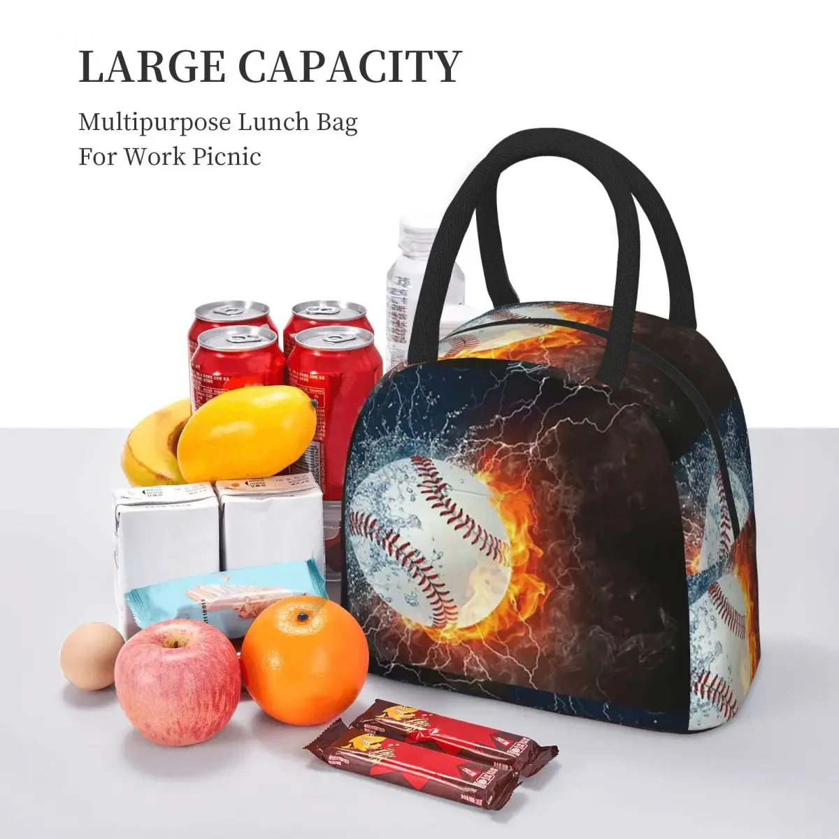 Baseball In The Fire And Water Insulated Lunch Bag for Kids School Cooler Thermal Food Box Tote Portable Lunch Boxes Container