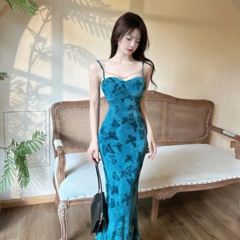 

Self-made Flocking Burnout Sling Dress like Mrs. Pictorial, New Blue Butterfly Princess Long Gown of Charming Style.