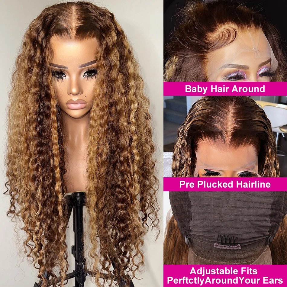 30 34 Inch Curly Highlight Lace Front Human Hair Deep Wave 13x6 Lace Frontal Wig Brazilian 250% Brown Colored Wigs For Women