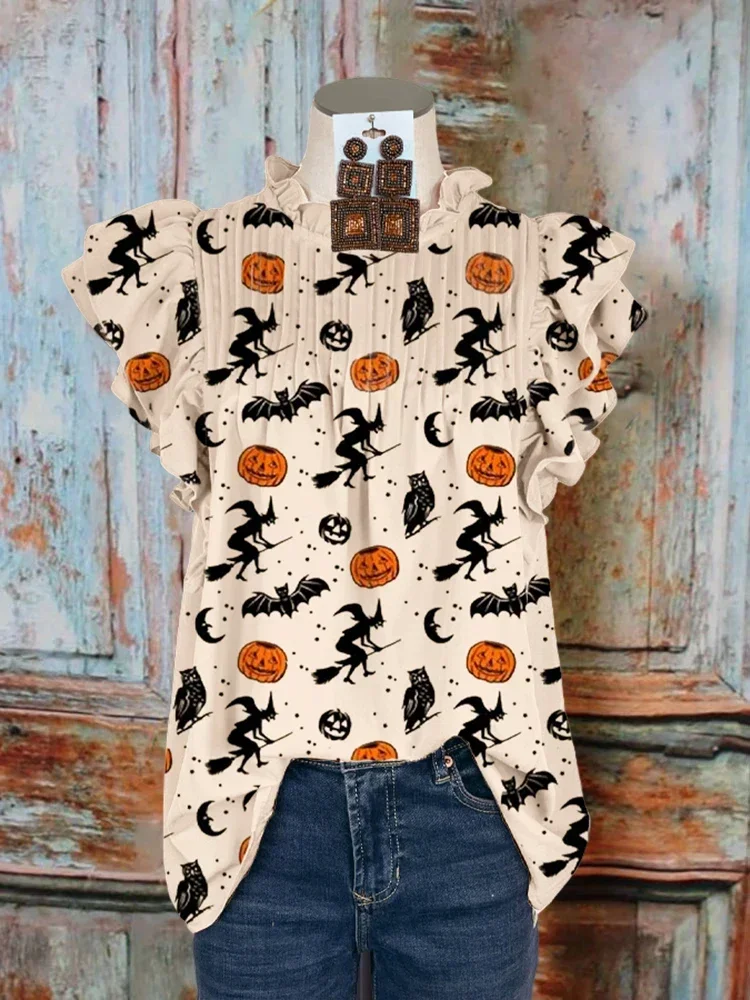 Elegant Ruffled Sleeve Paneled Pleated Pumpkin Top Halloween Pumpkin Print Blouse