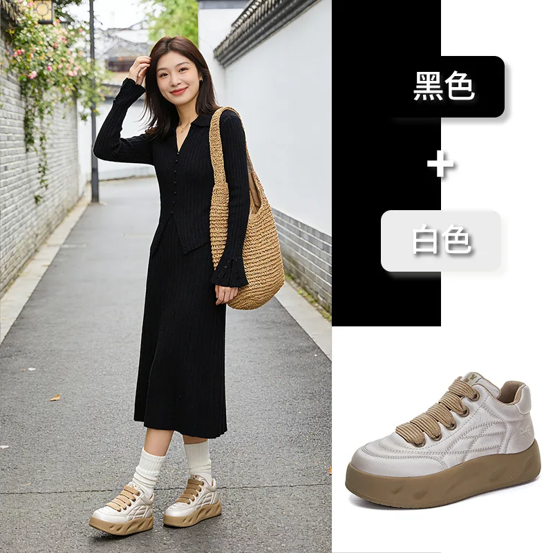 Genuine Leather High-top Bread Shoes Women's Spring New Platform Casual Trend Versatile White Sneakers Fashion Lace-up