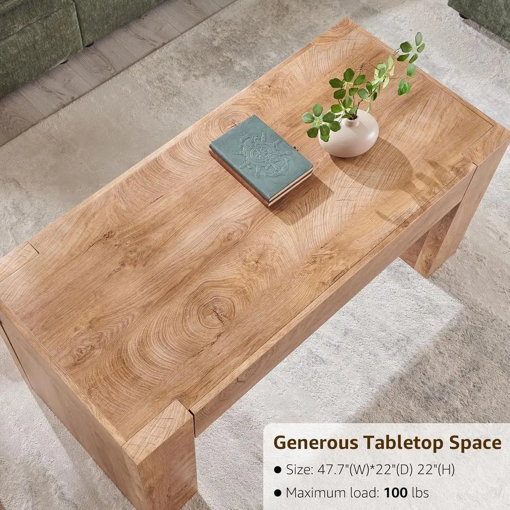 Modern Farmhouse Coffee Table, Wooden Living Room Table with Hidden Storage Drawer, Rustic Rectangular Center Tables w/Wood Thic