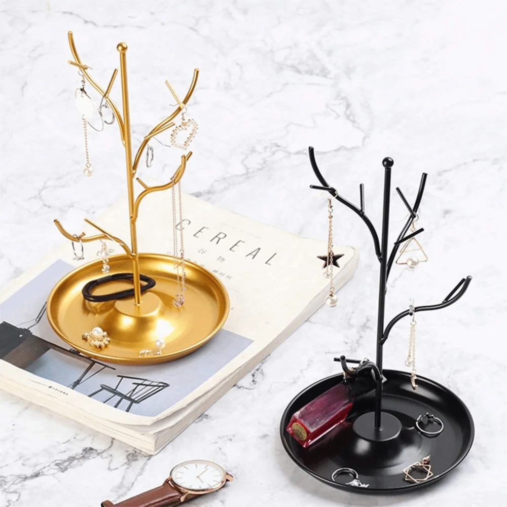 

Новая металлическая подставка для ювелирных изделий, дерево с подносом, ожерелье, серьги, органайзер, держатель, браслет, кольца, стеллаж для хранения, рабочий стол