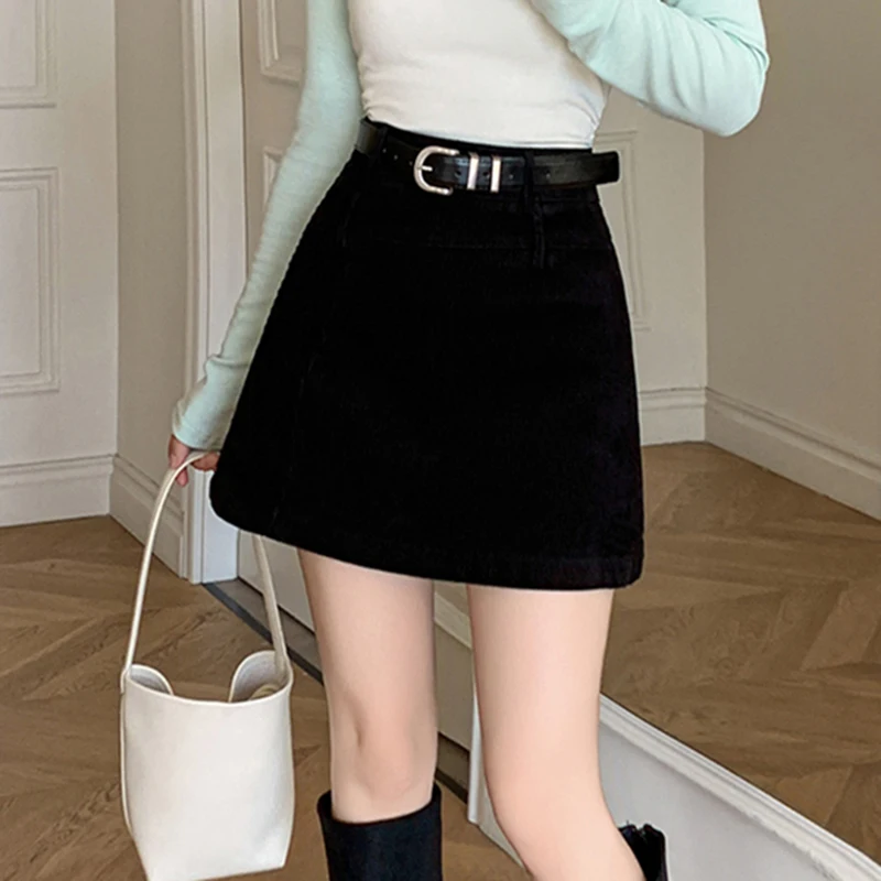 

Женская зимняя вельветовая мини-юбка с высокой талией, элегантная шерстяная юбка трапециевидной формы, однотонная повседневная милая офисная женская юбка