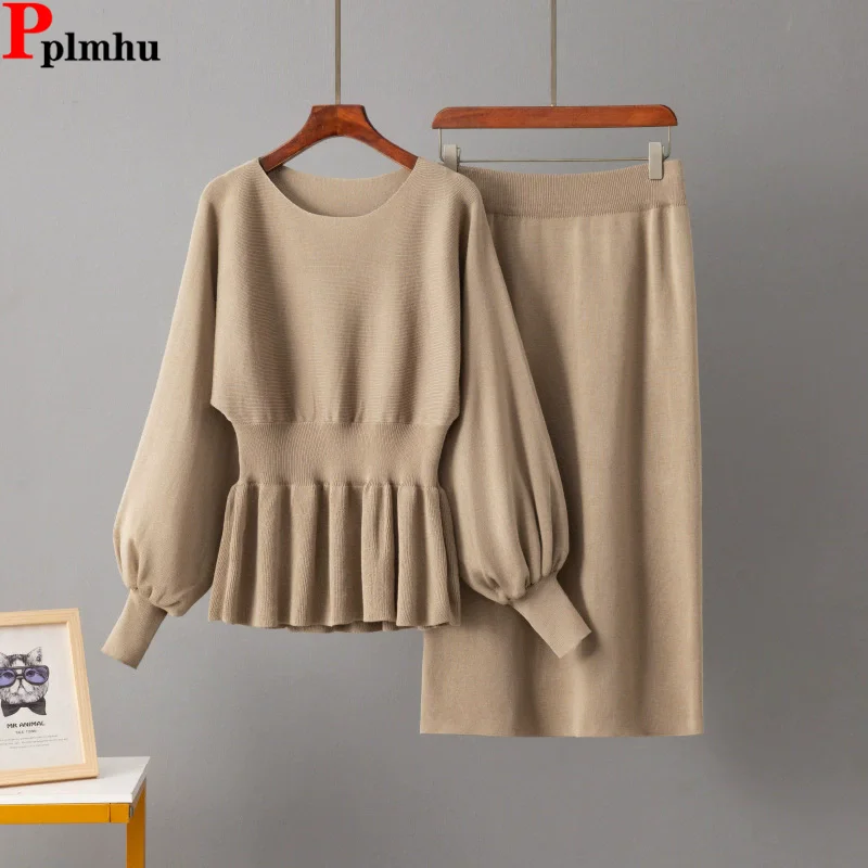 Primavera outono elegante malha 2 peça define feminino o pescoço sólido fino camisola pulôver topos conjuntos elástico saias de cintura alta outfit