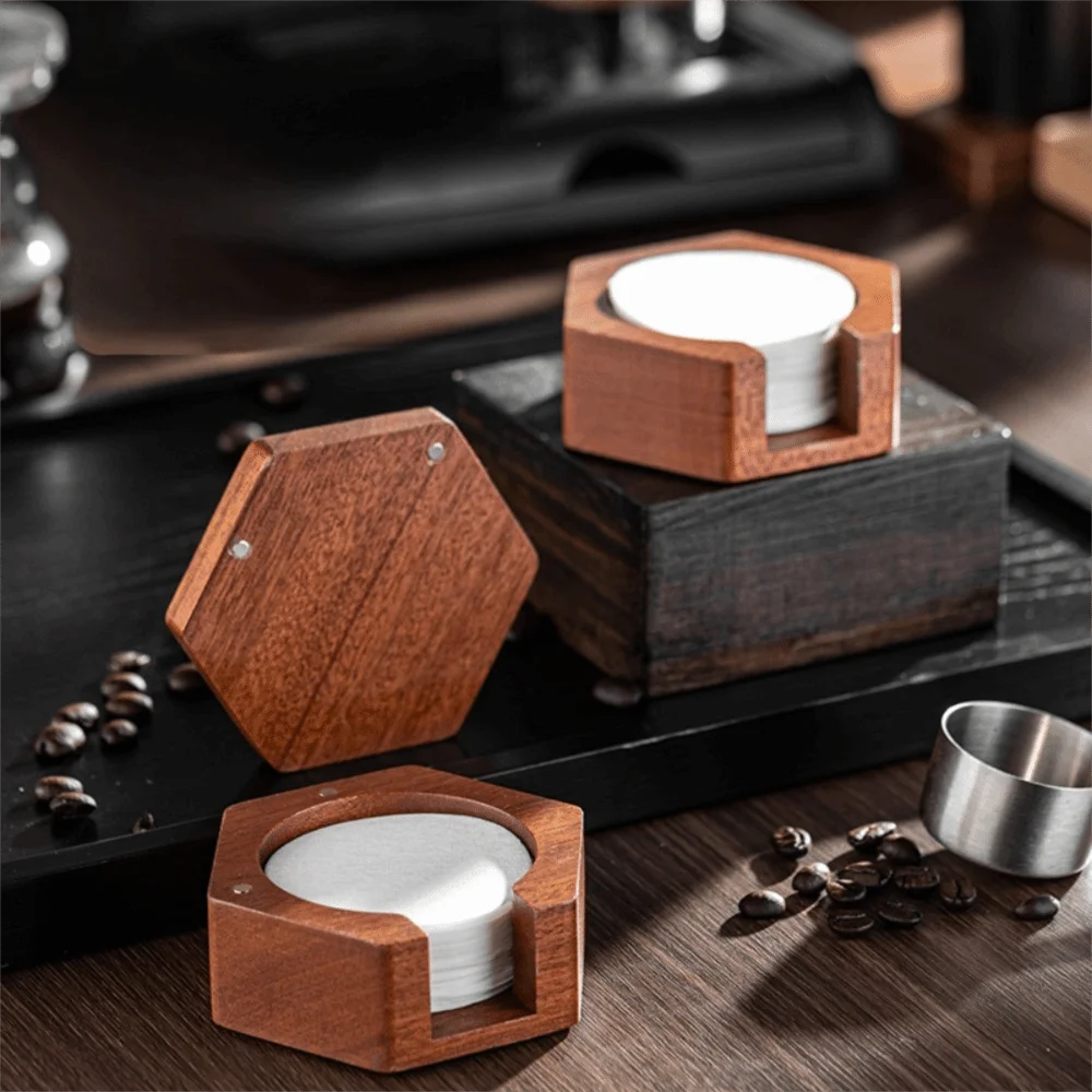 Solid Wood Hexagonal Coffee Filter Paper Box Universal Magnetic Lid Coffee Filter Paper Storage Box Drop Proof Dustproof